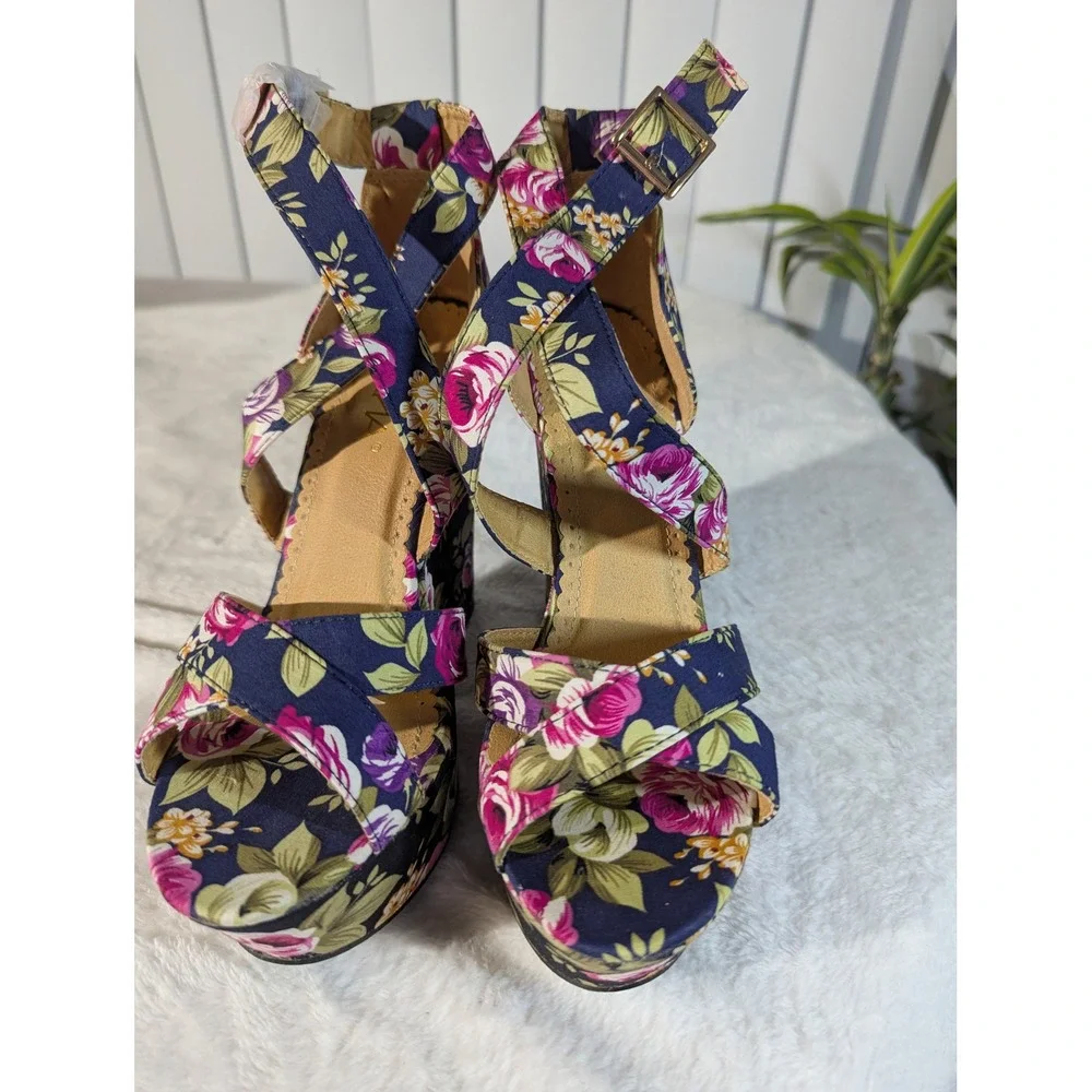 Anna Wedge Sandals Womens 7.5 Navy Floral New Platform Ankle Strap Heels